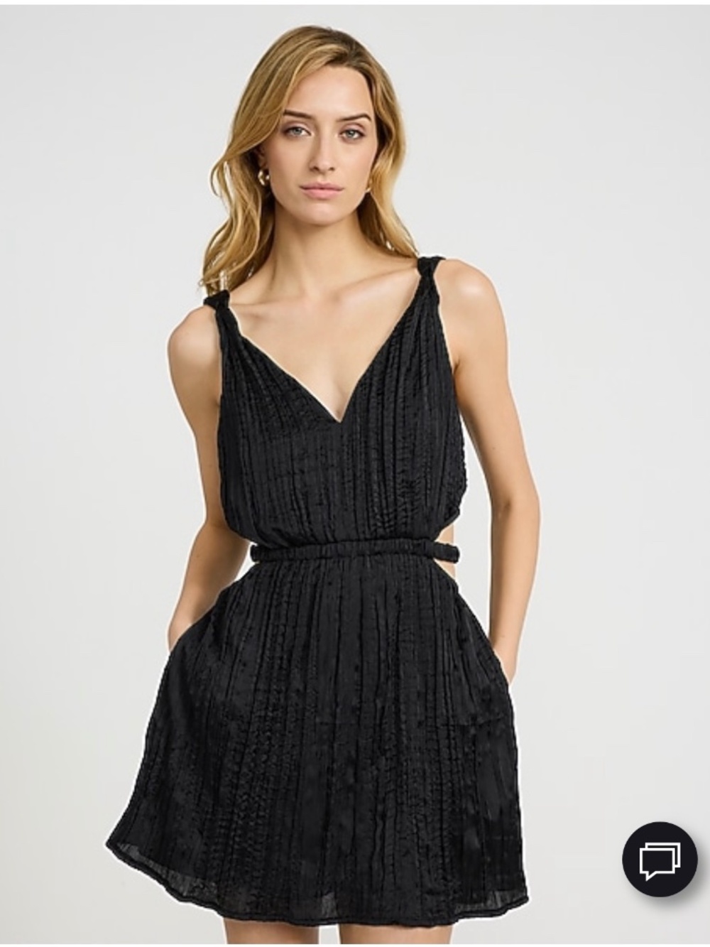 SATIN TEXTURED PRINTED V-NECK CUTOUT MINI DRESS WITH POCKETS